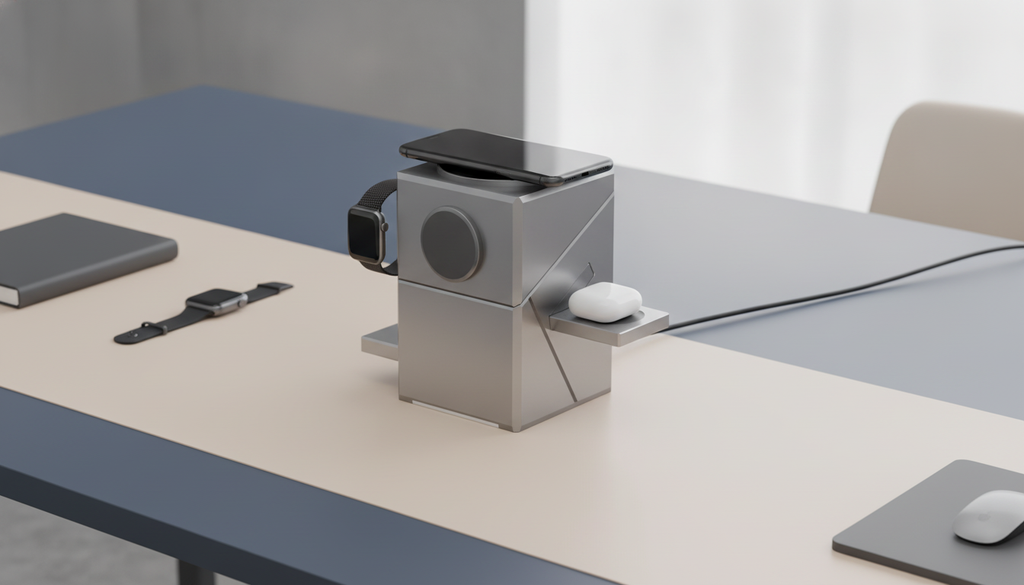 A 3-in-1 magnetic wireless charging station, twisted open to reveal charging pads for a smartphone, smartwatch, and earbuds, 