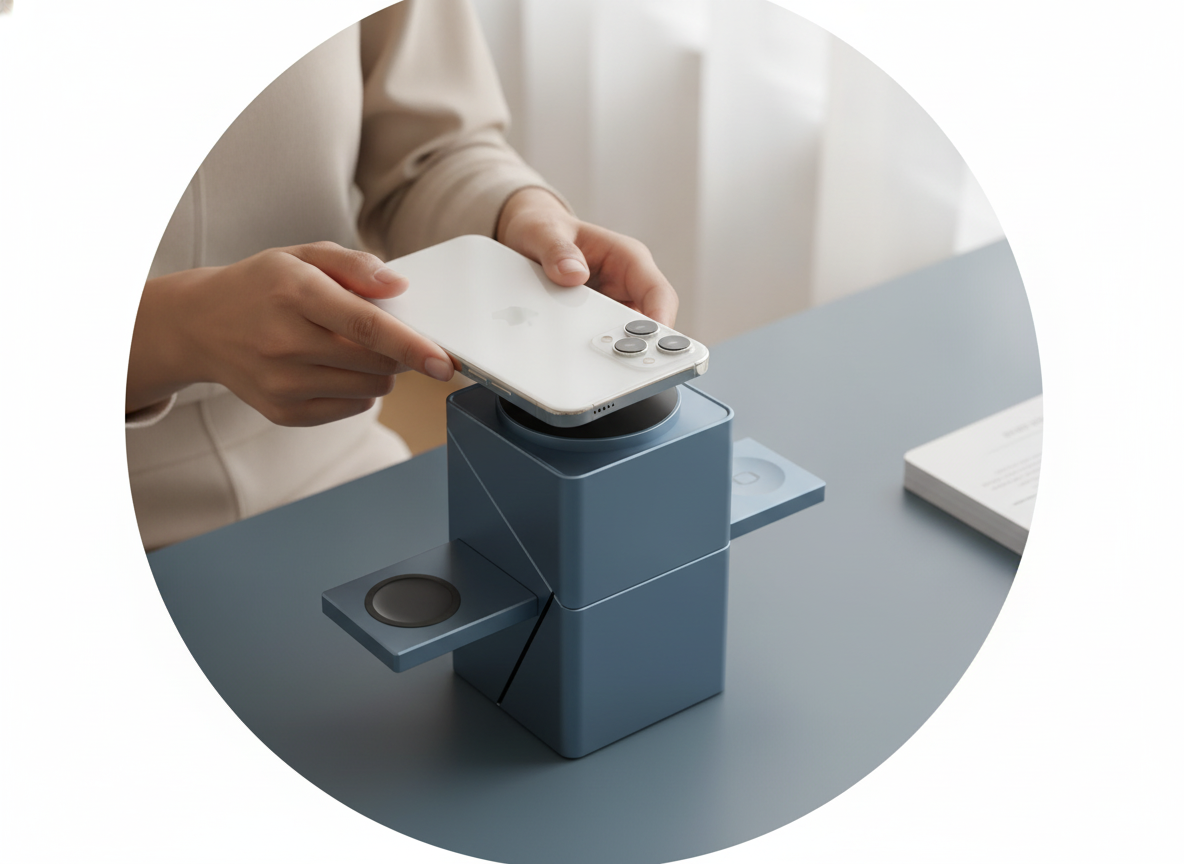 Hands placing an iPhone on a slate blue 3-in-1 magnetic wireless charging station on a modern desk, showing a clutter-free wo