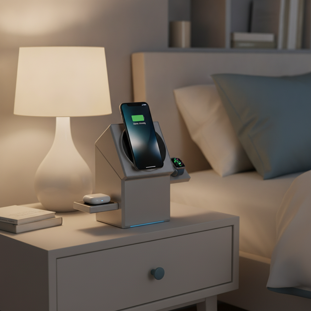 A 3-in-1 magnetic wireless charging station, twisted open, charging an iPhone, Apple Watch, and AirPods on a modern nightstan