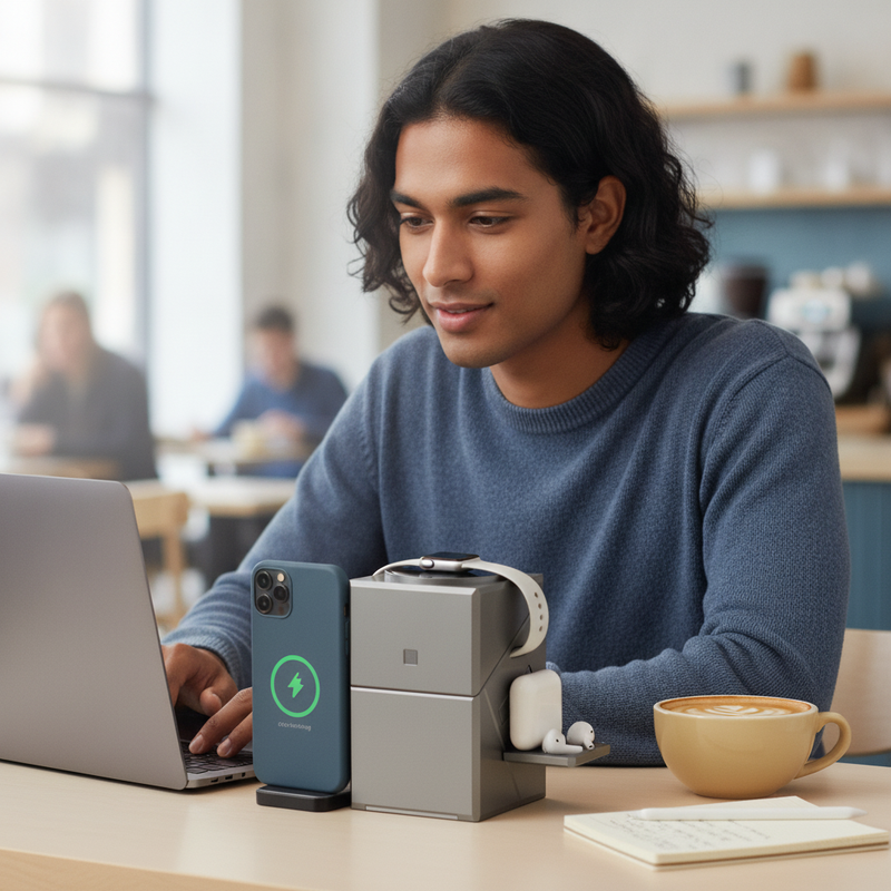 A diverse person works on a laptop at a coffee shop table with a 3-in-1 magnetic wireless charging station charging an iPhone