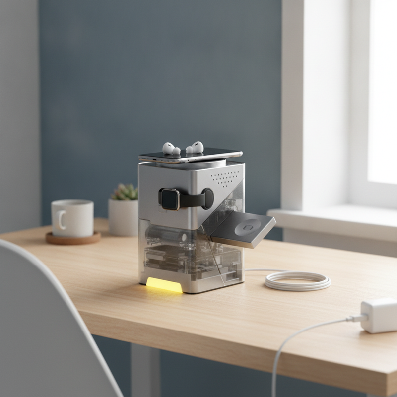 A 3-in-1 magnetic wireless charging station, twisted open with charging pads visible, sits on a cream desk in a modern home o