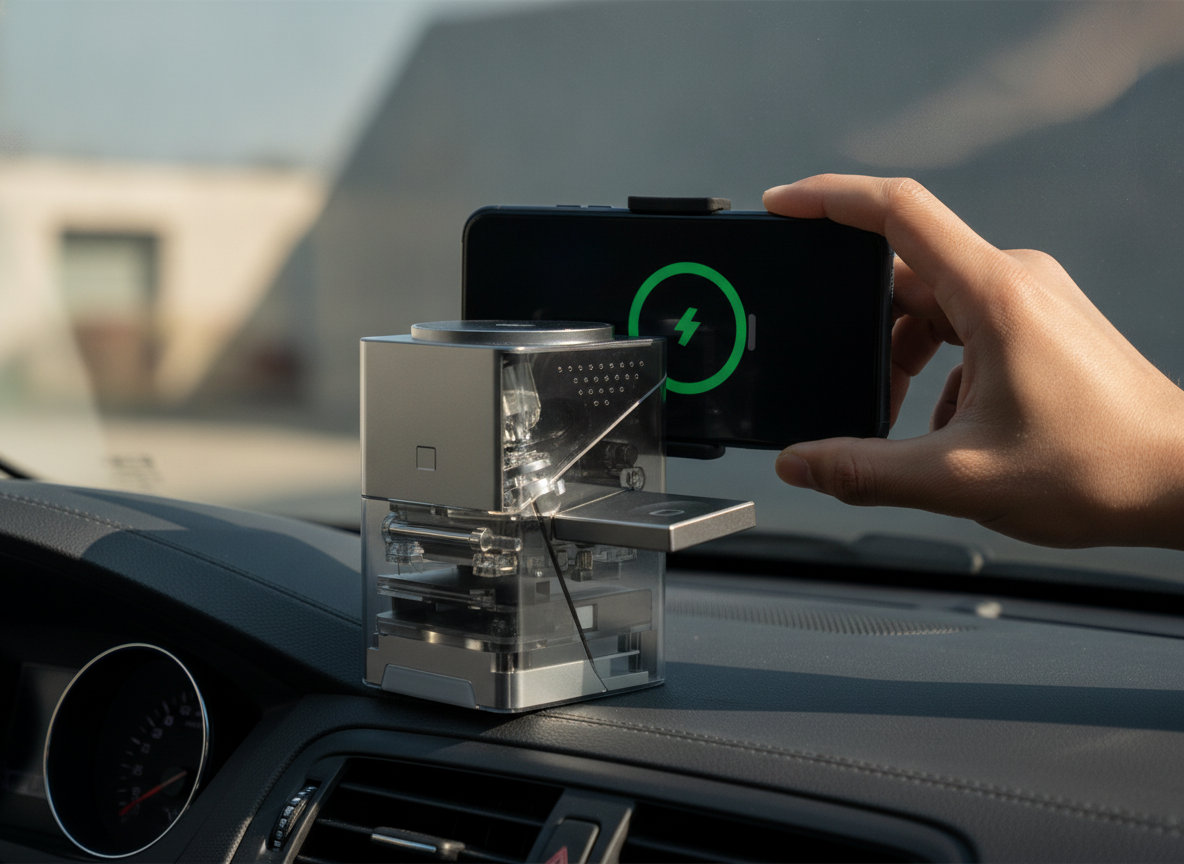 A 3-in-1 magnetic wireless charging station, twisted open and holding a smartphone on a car dashboard. A hand is adjusting th