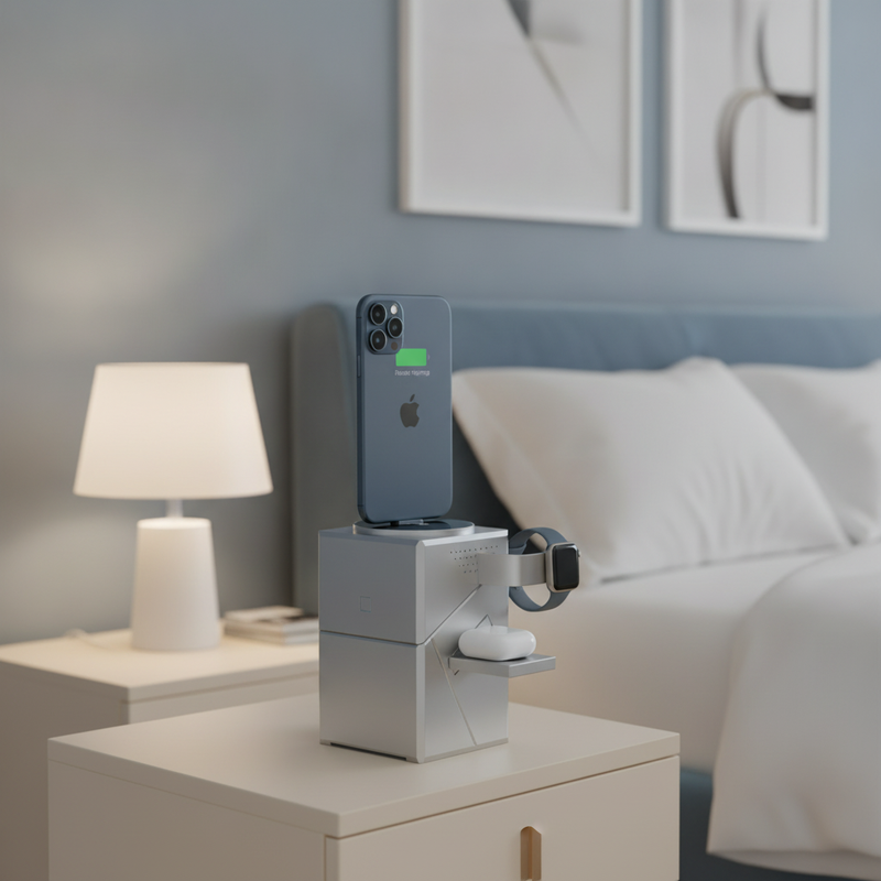 A 3-in-1 magnetic wireless charging station, twisted open with devices charging, on a warm cream bedside table.