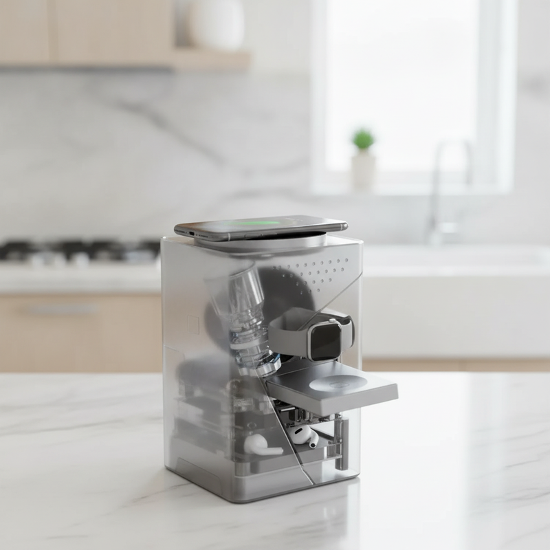 A 3-in-1 magnetic wireless charging station, twisted open with devices charging, on a modern kitchen counter.