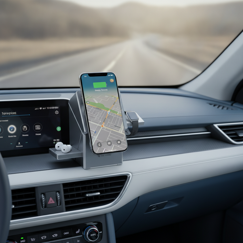 A compact 3-in-1 magnetic wireless charging station, twisted open to show its charging pads, rests on a car dashboard.